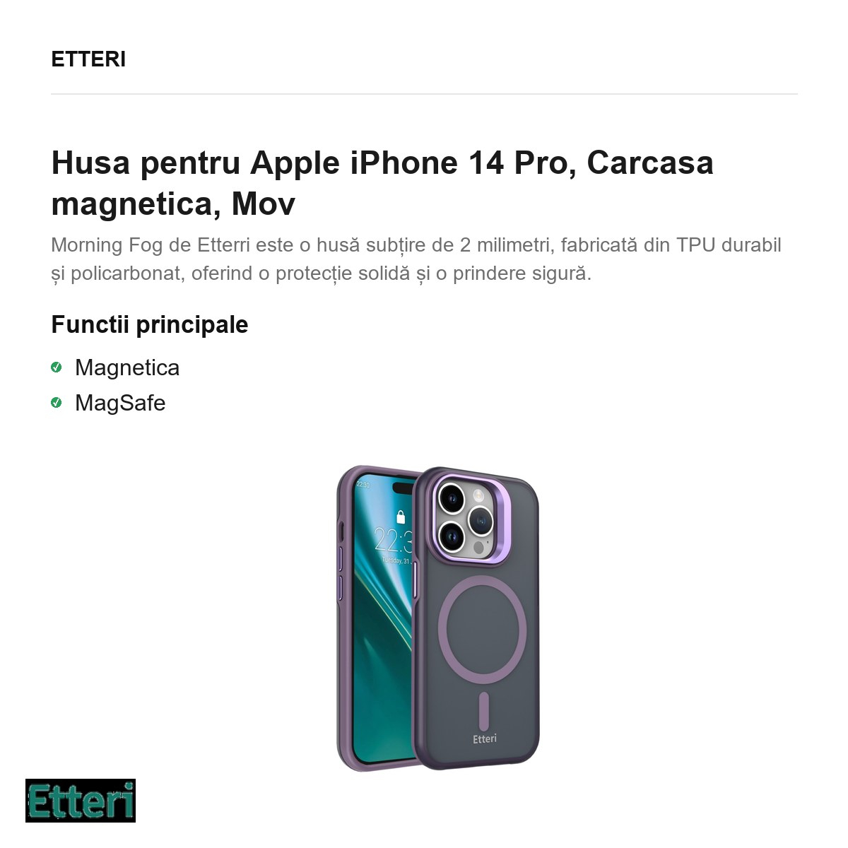 Husa Etteri Morning Fog pentru Apple iPhone 14 Pro, Carcasa magnetica, Mov [2]