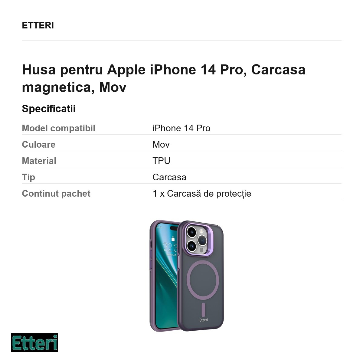 Husa Etteri Morning Fog pentru Apple iPhone 14 Pro, Carcasa magnetica, Mov [3]