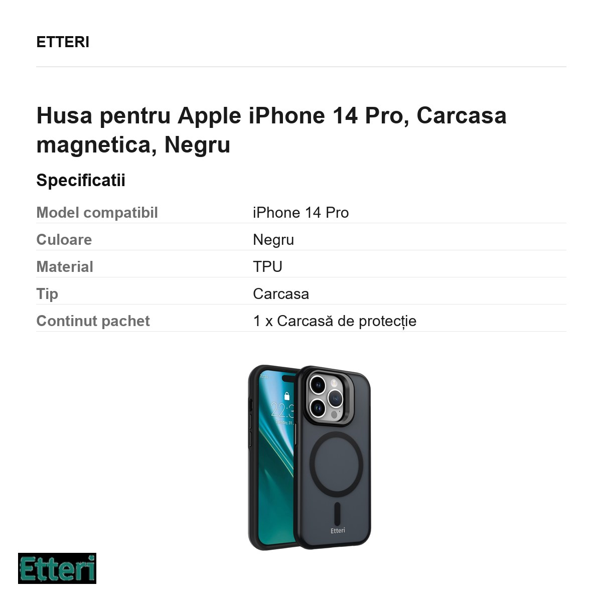 Husa Etteri Morning Fog pentru Apple iPhone 14 Pro, Carcasa magnetica, Negru [3]