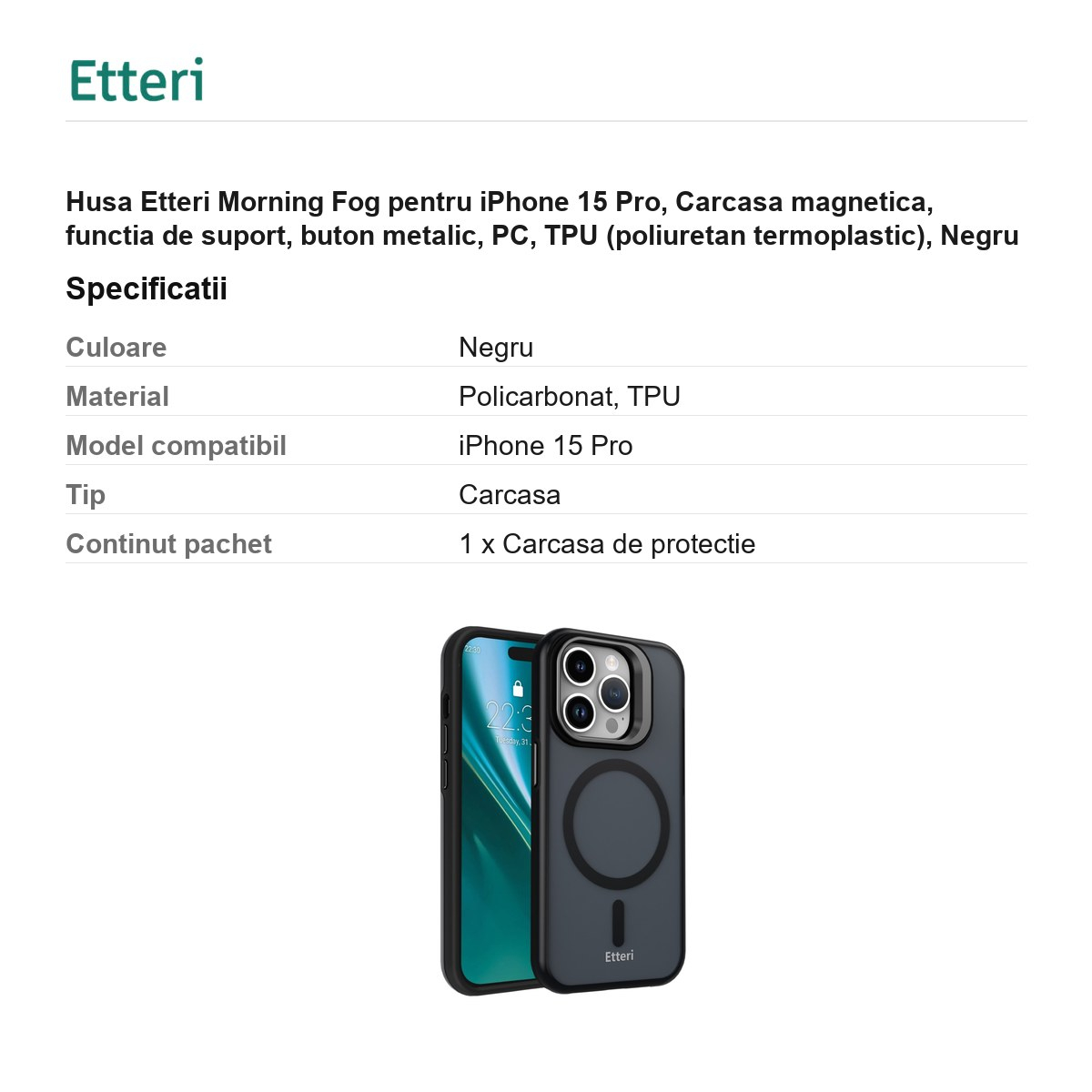 Husa Etteri Morning Fog pentru iPhone 15 Pro, Carcasa magnetica, functia de suport, buton metalic, PC, TPU (poliuretan termoplastic), Negru [3]