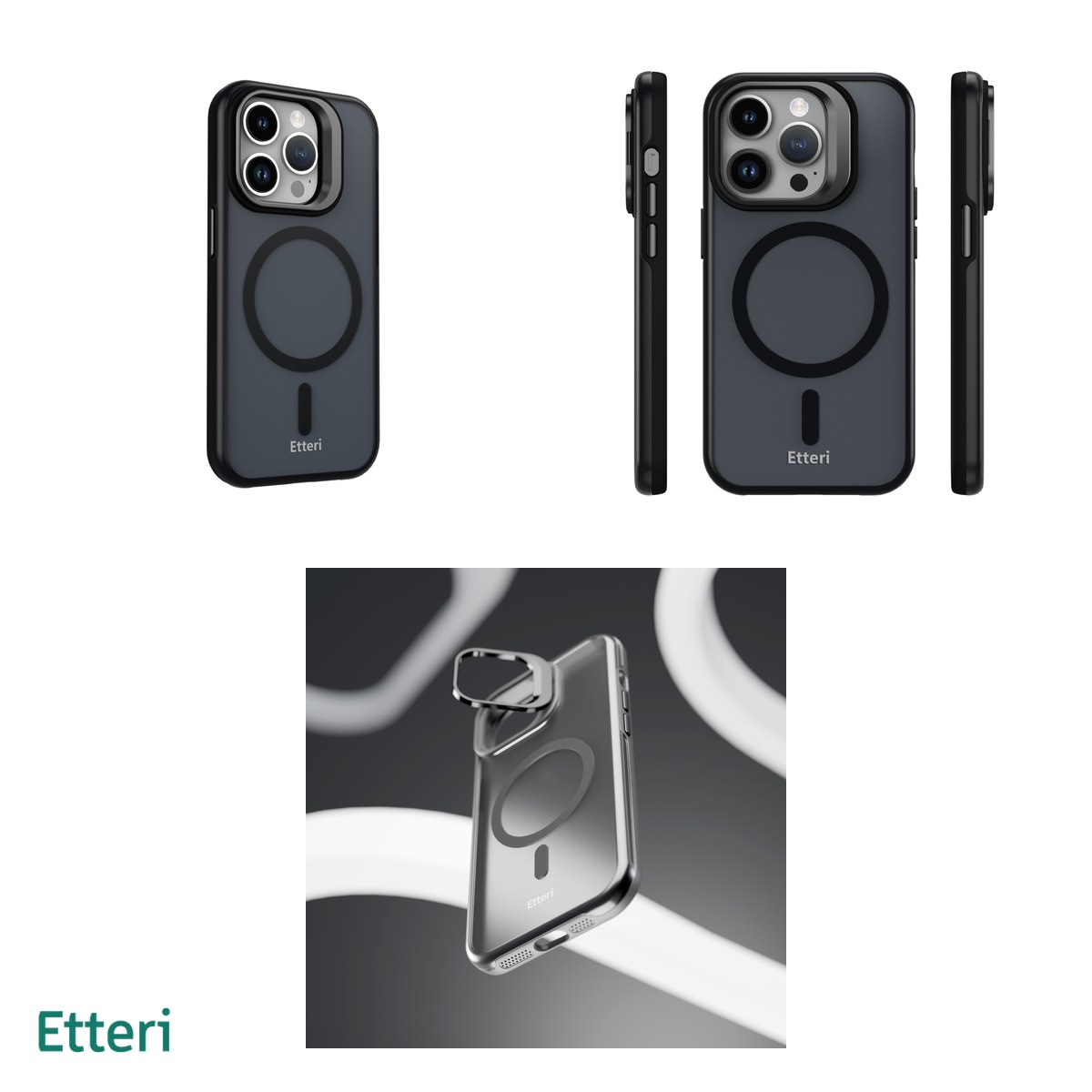 Husa Etteri Morning Fog pentru iPhone 15 Pro, Carcasa magnetica, functia de suport, buton metalic, PC, TPU (poliuretan termoplastic), Negru [4]