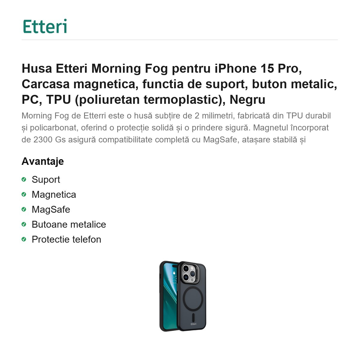 Husa Etteri Morning Fog pentru iPhone 15 Pro, Carcasa magnetica, functia de suport, buton metalic, PC, TPU (poliuretan termoplastic), Negru [2]
