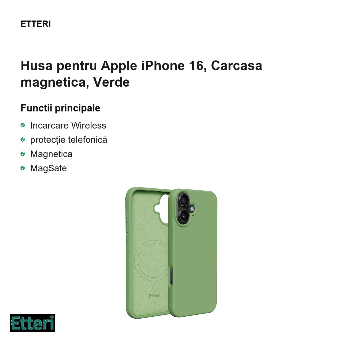 Husa Etteri Silicone Mag pentru Apple iPhone 16, Carcasa magnetica, Verde [2]