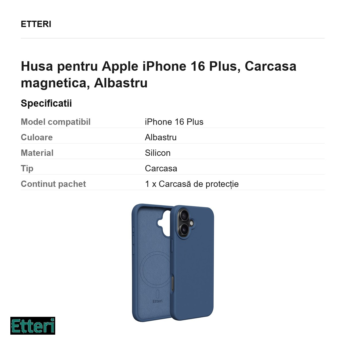 Husa Etteri Silicone Mag pentru Apple iPhone 16 Plus, Carcasa magnetica, Albastru [3]