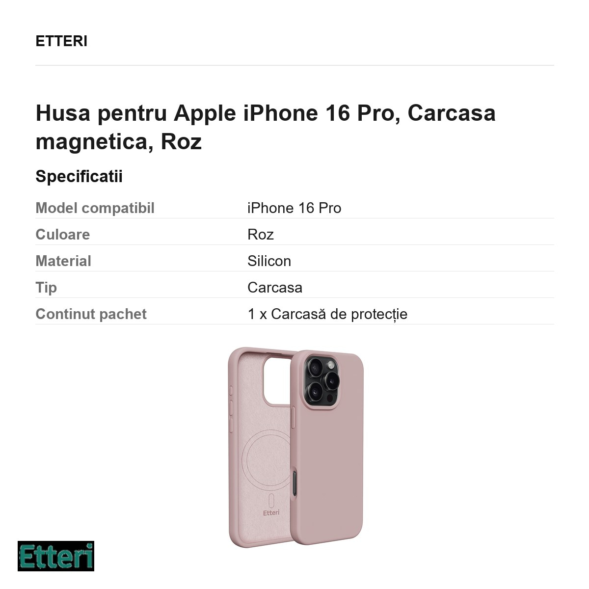 Husa Etteri Silicone Mag pentru Apple iPhone 16 Pro, Carcasa magnetica, Roz [3]