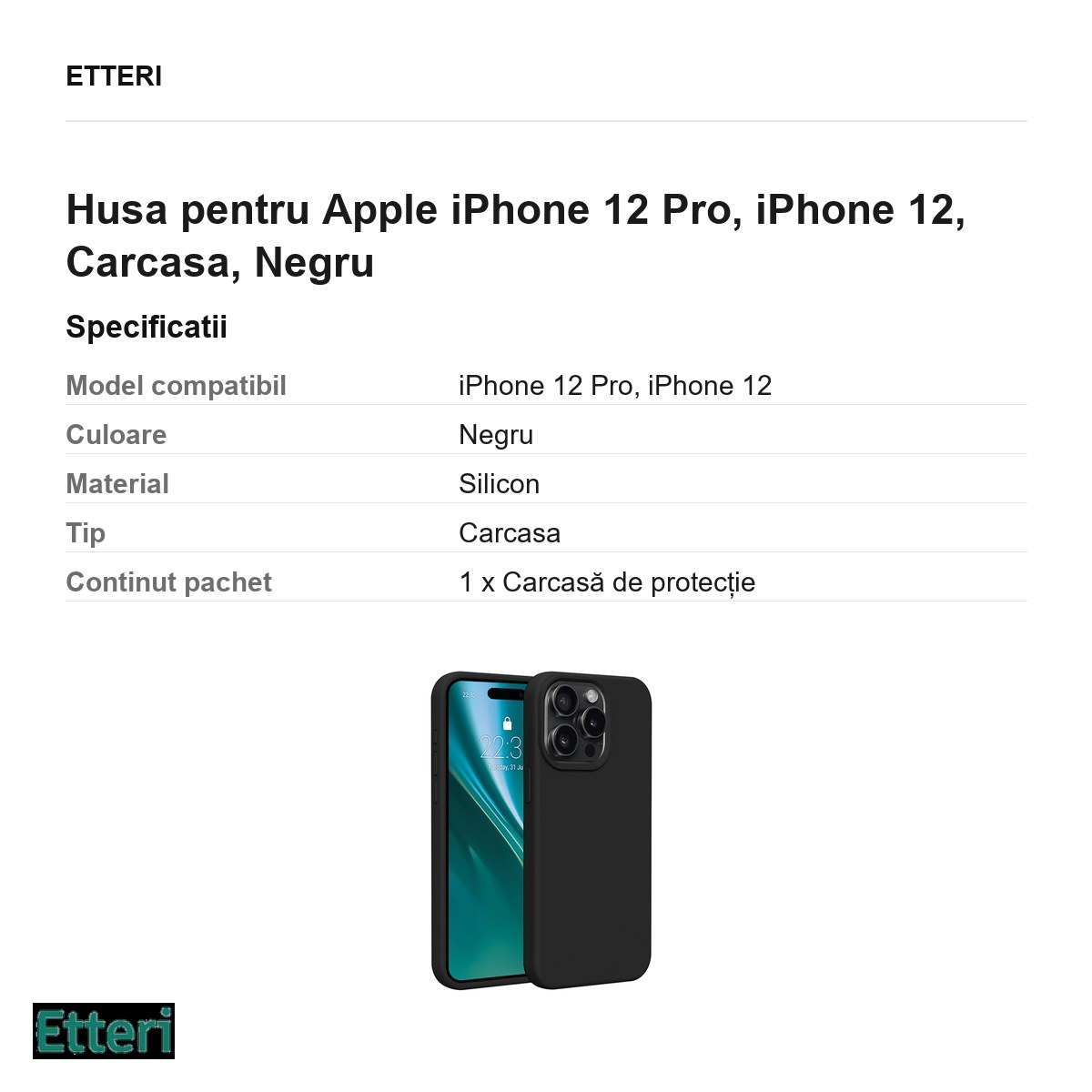 Husa Etteri Silicone pentru Apple iPhone 12 Pro, iPhone 12, Carcasa, Negru [3]