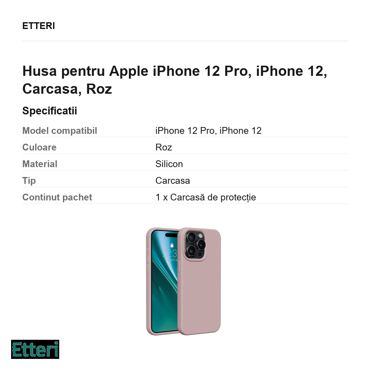 Husa Etteri Silicone pentru Apple iPhone 12 Pro, iPhone 12, Carcasa, Roz [3]