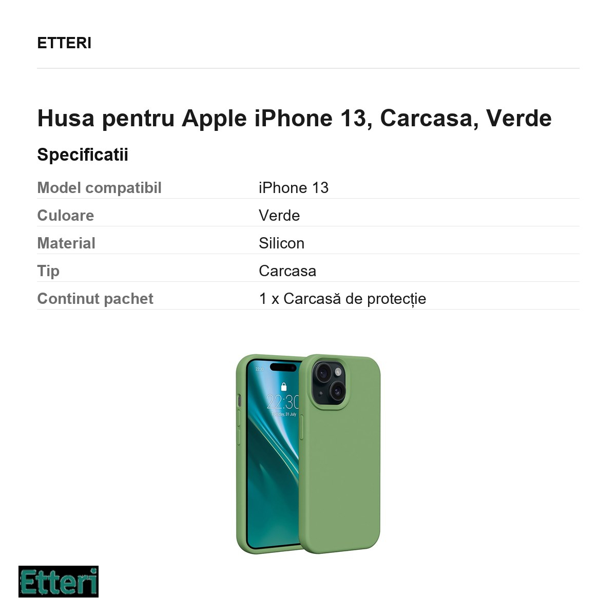Husa Etteri Silicone pentru Apple iPhone 13, Carcasa, Verde [3]
