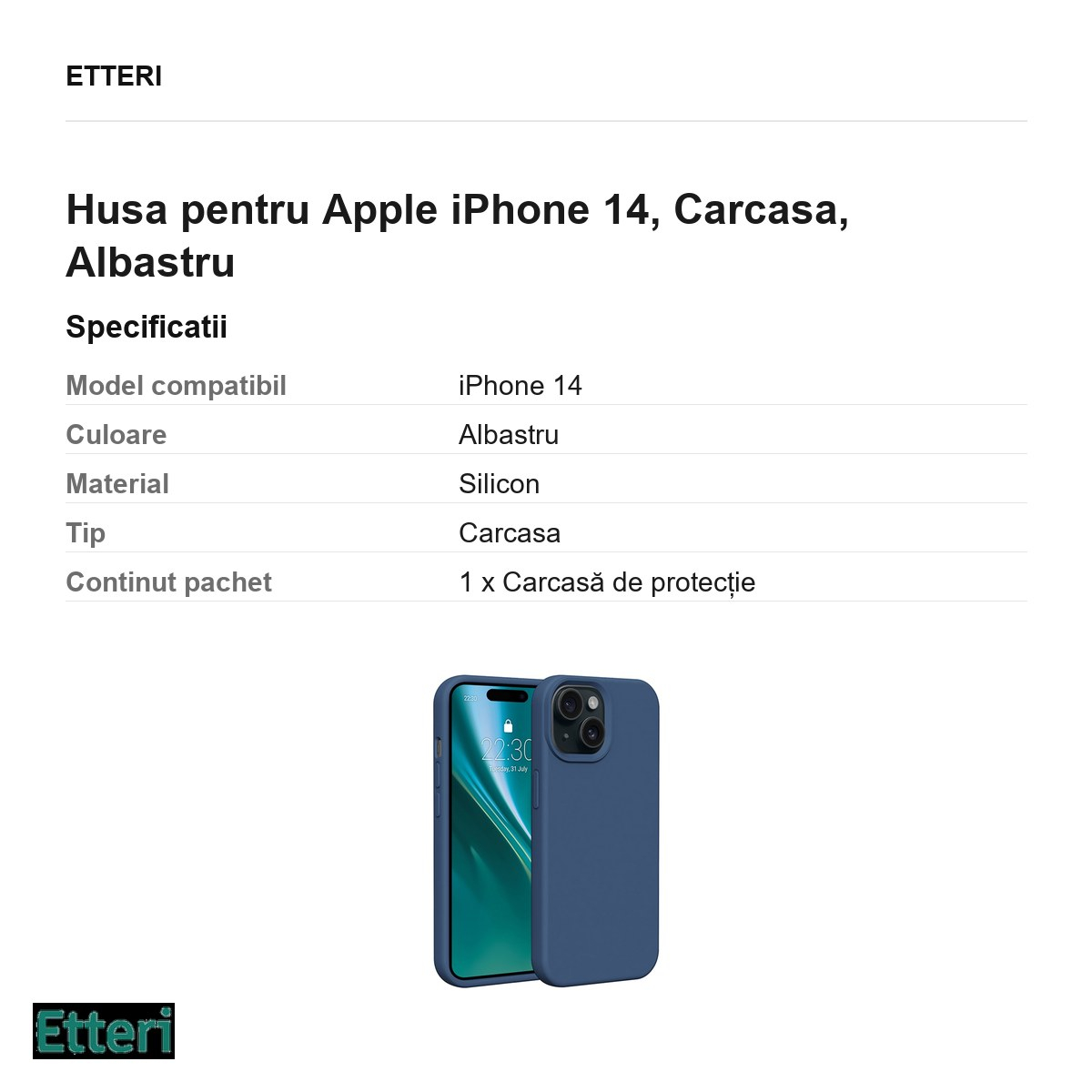 Husa Etteri Silicone pentru Apple iPhone 14, Carcasa, Albastru [3]