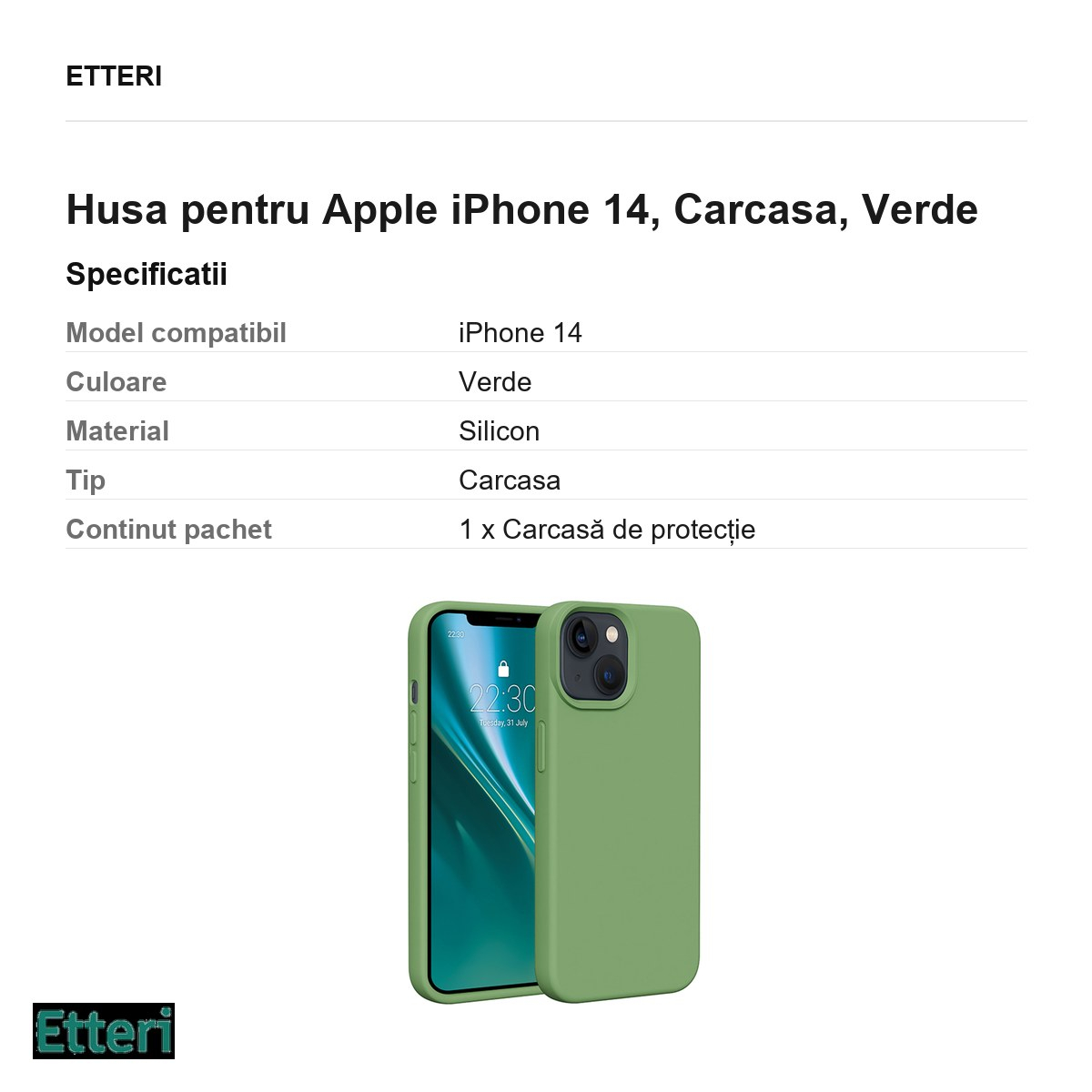 Husa Etteri Silicone pentru Apple iPhone 14, Carcasa, Verde [3]
