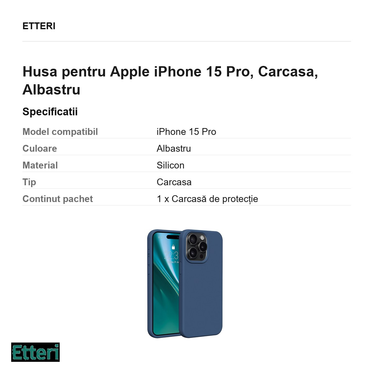 Husa Etteri Silicone pentru Apple iPhone 15 Pro, Carcasa, Albastru [3]
