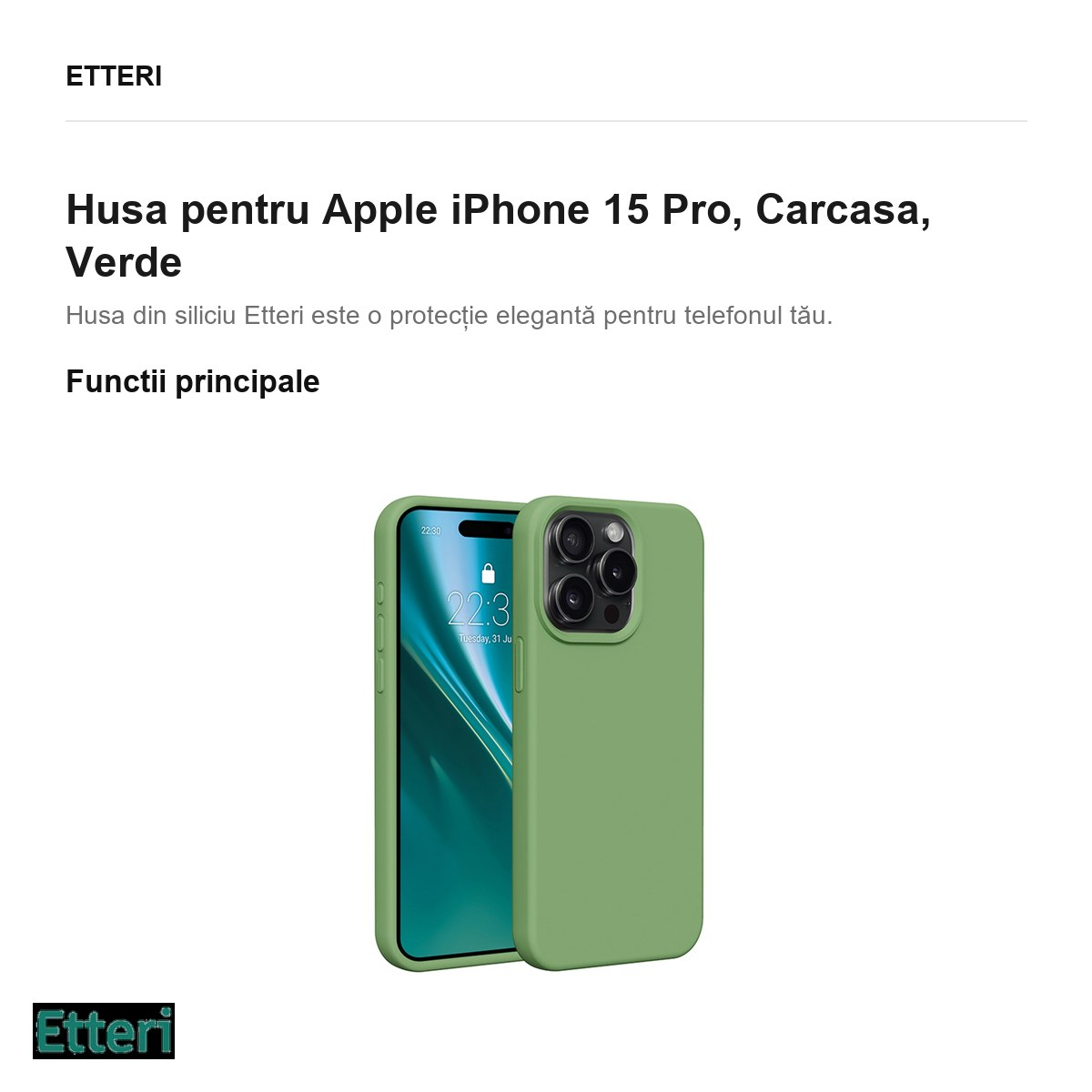 Husa Etteri Silicone pentru Apple iPhone 15 Pro, Carcasa, Verde [2]