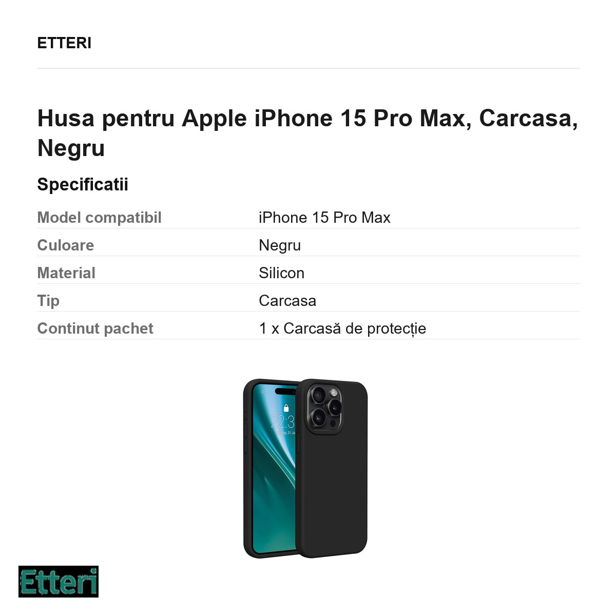 Husa Etteri Silicone pentru Apple iPhone 15 Pro Max, Carcasa, Negru [3]