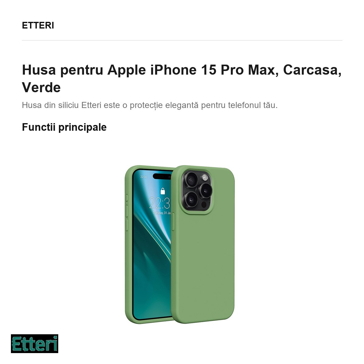 Husa Etteri Silicone pentru Apple iPhone 15 Pro Max, Carcasa, Verde [2]