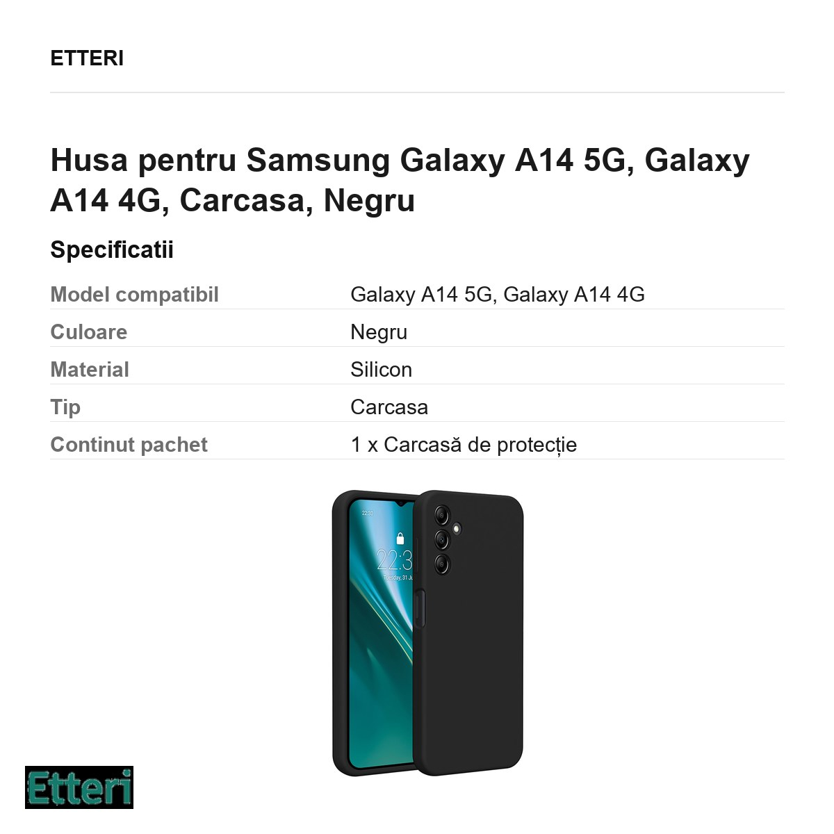 Husa Etteri Silicone pentru Samsung Galaxy A14 5G, Galaxy A14 4G, Carcasa, Negru [3]