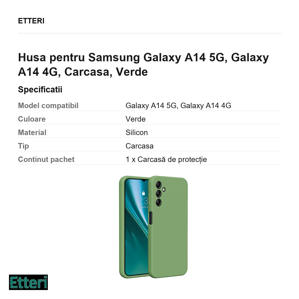 Husa Etteri Silicone pentru Samsung Galaxy A14 5G, Galaxy A14 4G, Carcasa, Verde [3]