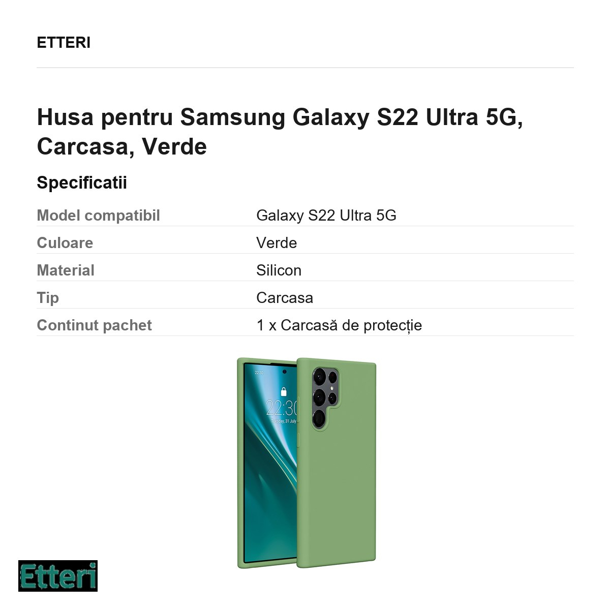 Husa Etteri Silicone pentru Samsung Galaxy S22 Ultra 5G, Carcasa, Verde [3]