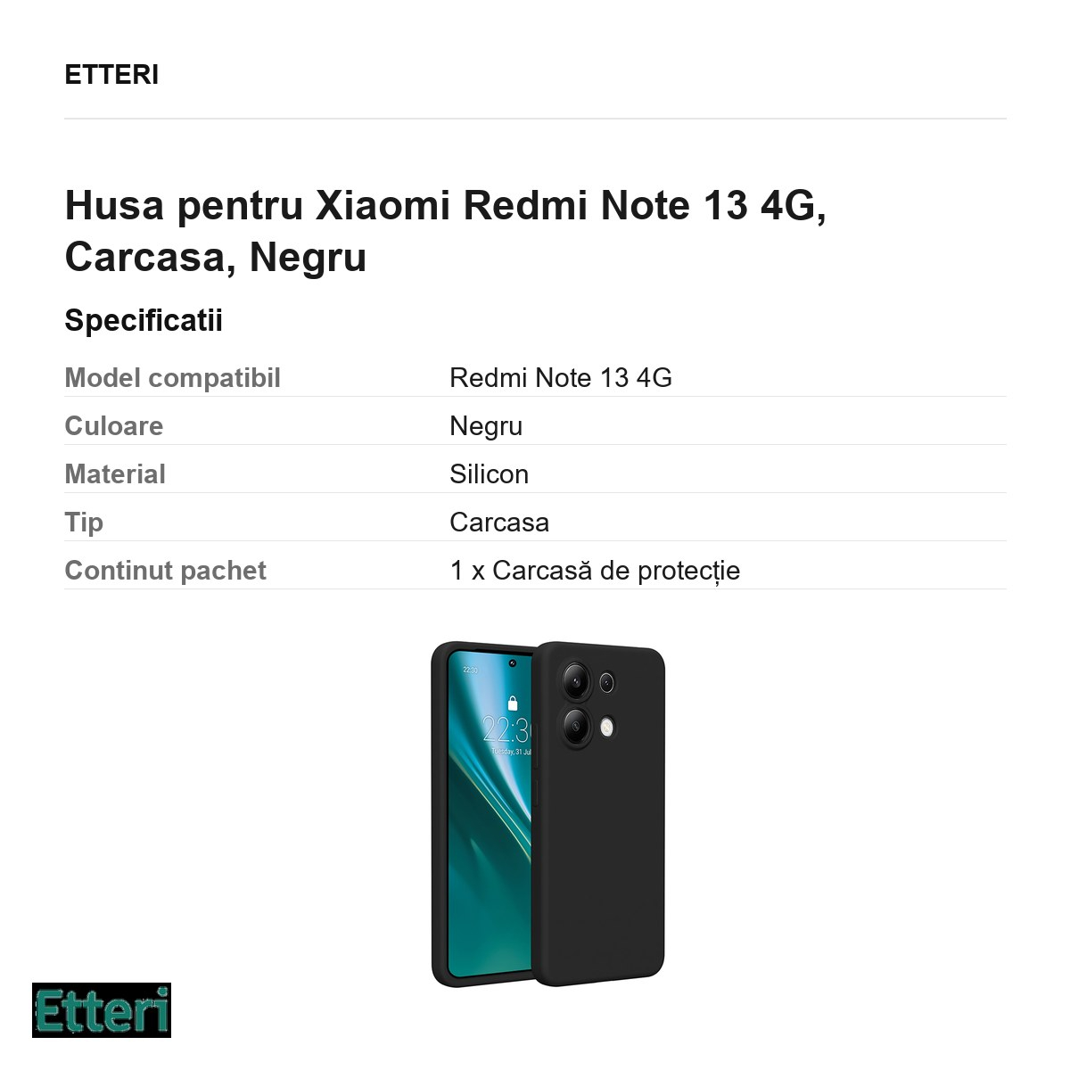 Husa Etteri Silicone pentru Xiaomi Redmi Note 13 4G, Carcasa, Negru [3]