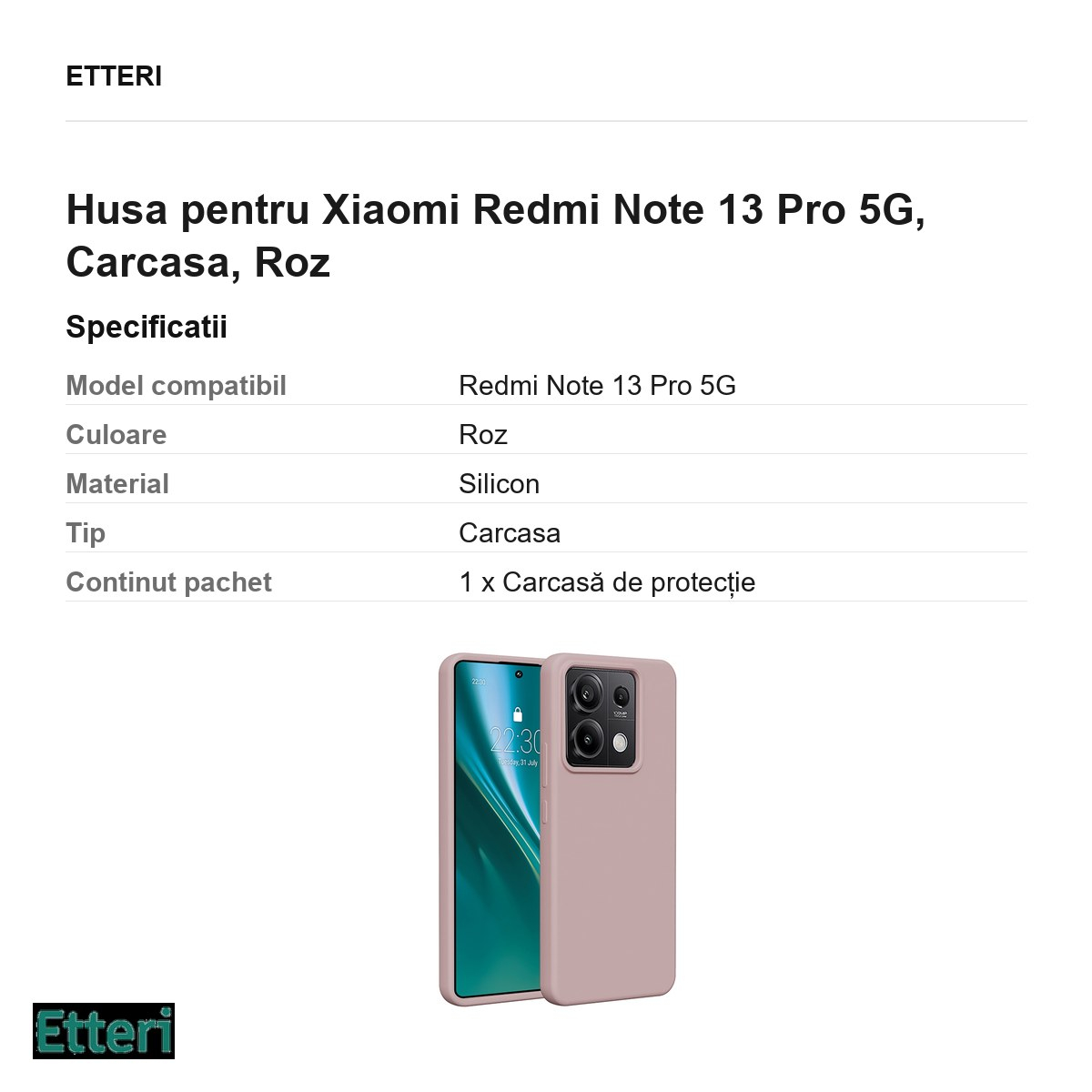 Husa Etteri Silicone pentru Xiaomi Redmi Note 13 Pro 5G, Carcasa, Roz [3]