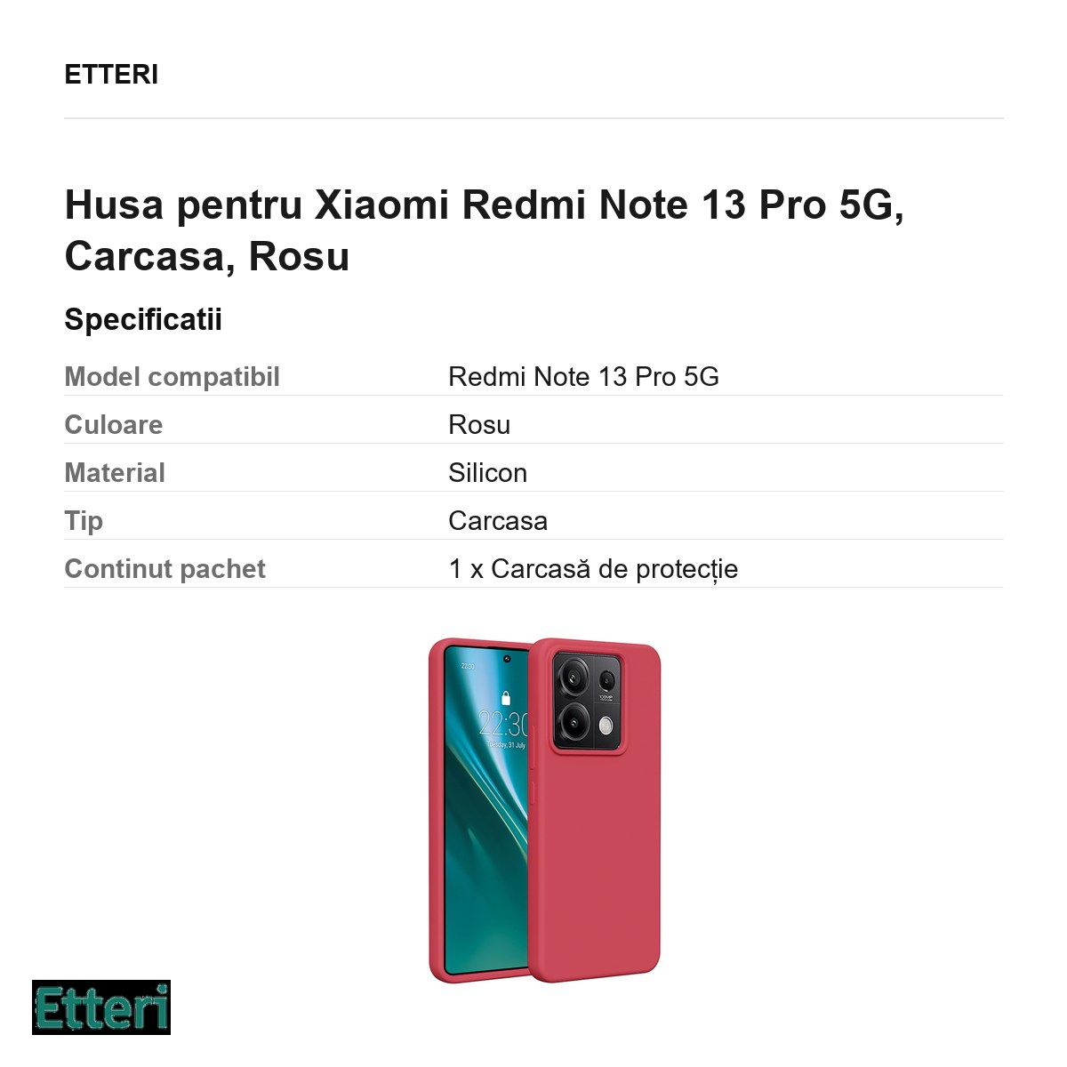 Husa Etteri Silicone raspberry pentru Xiaomi Redmi Note 13 Pro 5G, Carcasa, Rosu [3]