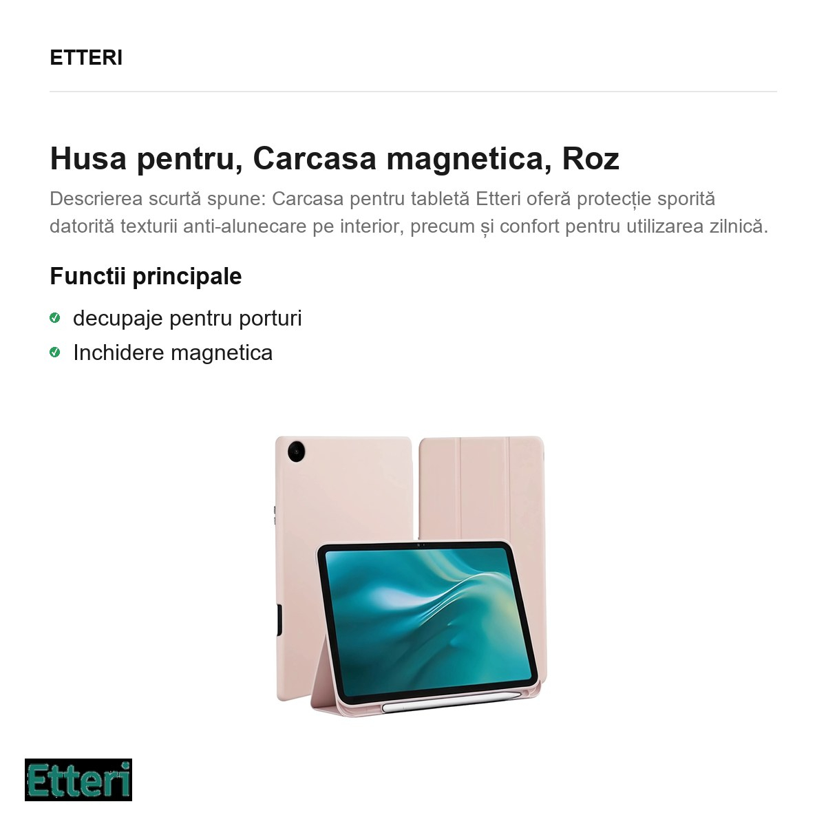 Husa Etteri Tab 11 pentru Samsung Galaxy Tab A9+, Carcasa magnetica, Roz [2]