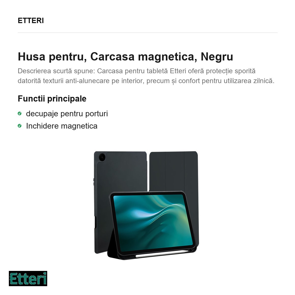 Husa Etteri Tab pentru Samsung Galaxy Tab A9, Carcasa magnetica, Negru [3]
