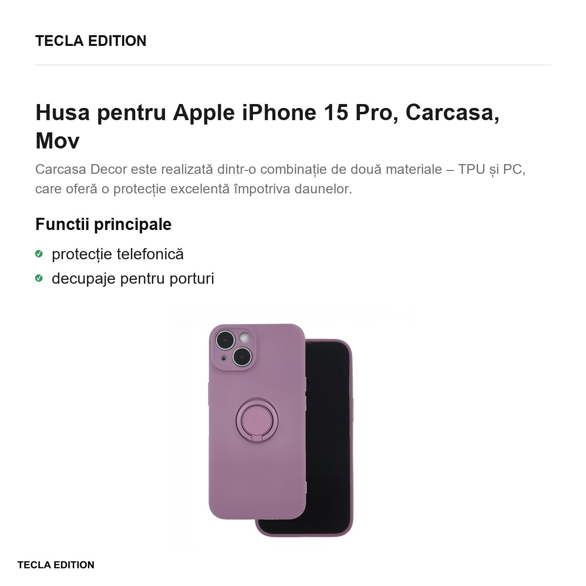 Husa Finger Grip pentru Apple iPhone 15 Pro, Carcasa, Mov [2]