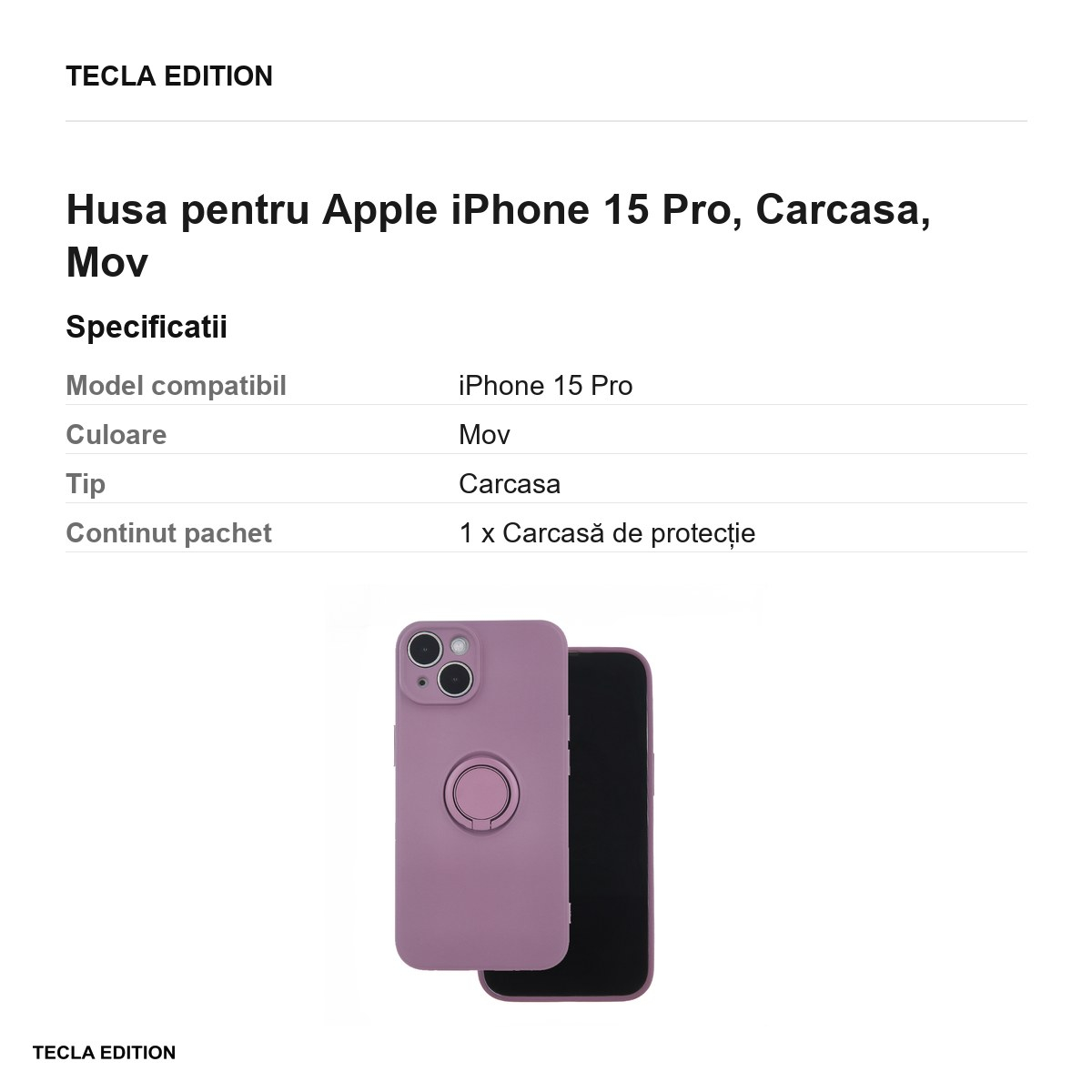 Husa Finger Grip pentru Apple iPhone 15 Pro, Carcasa, Mov [3]