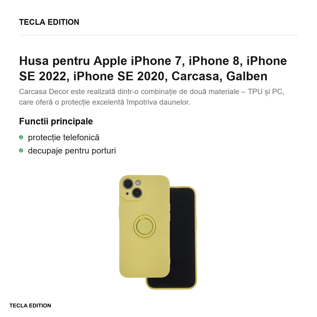 Husa Finger Grip pentru Apple iPhone 7, iPhone 8, iPhone SE 2022, iPhone SE 2020, Carcasa, Galben [2]