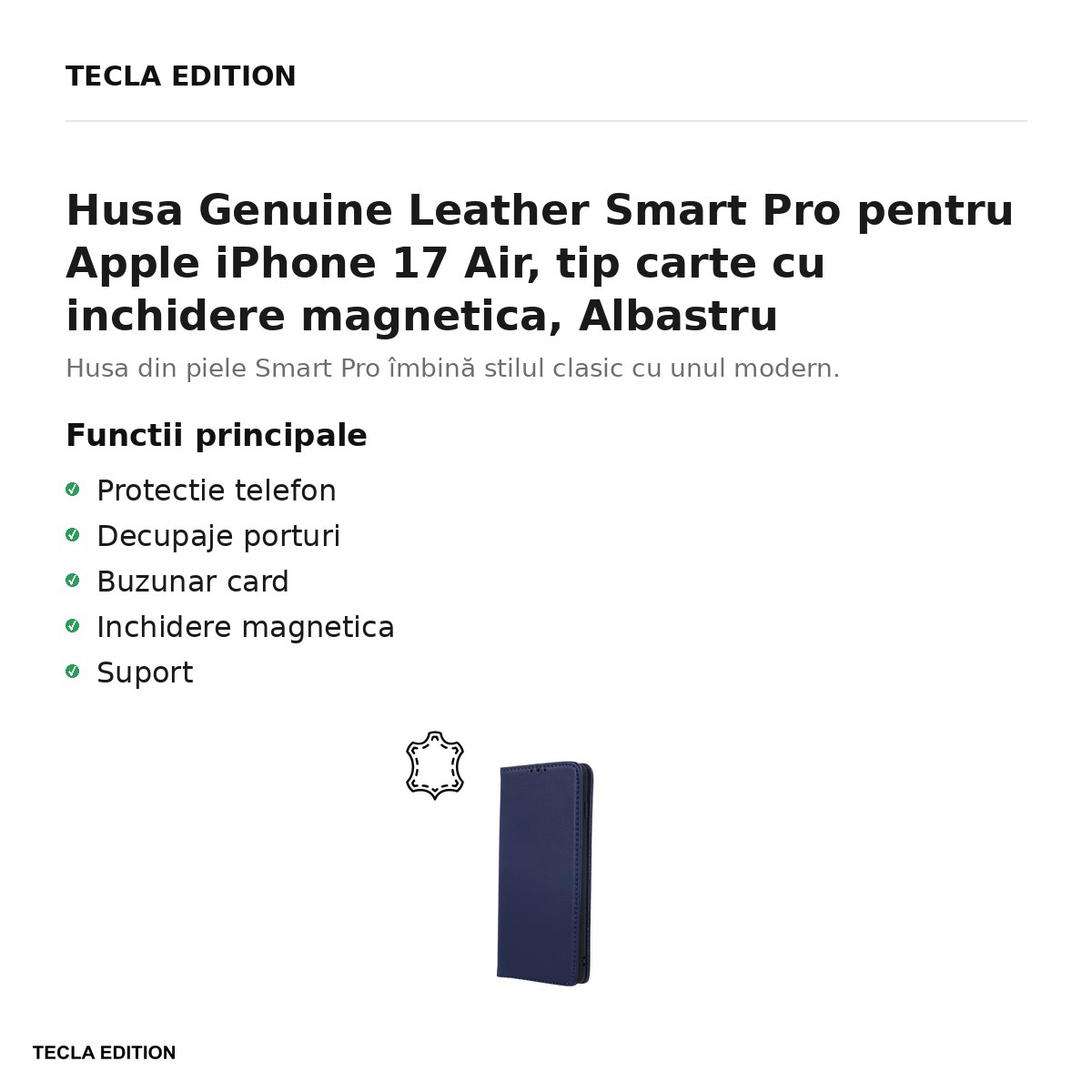 Husa Genuine Leather Smart Pro pentru Apple iPhone 17 Air, tip carte cu inchidere magnetica, Albastru [2]