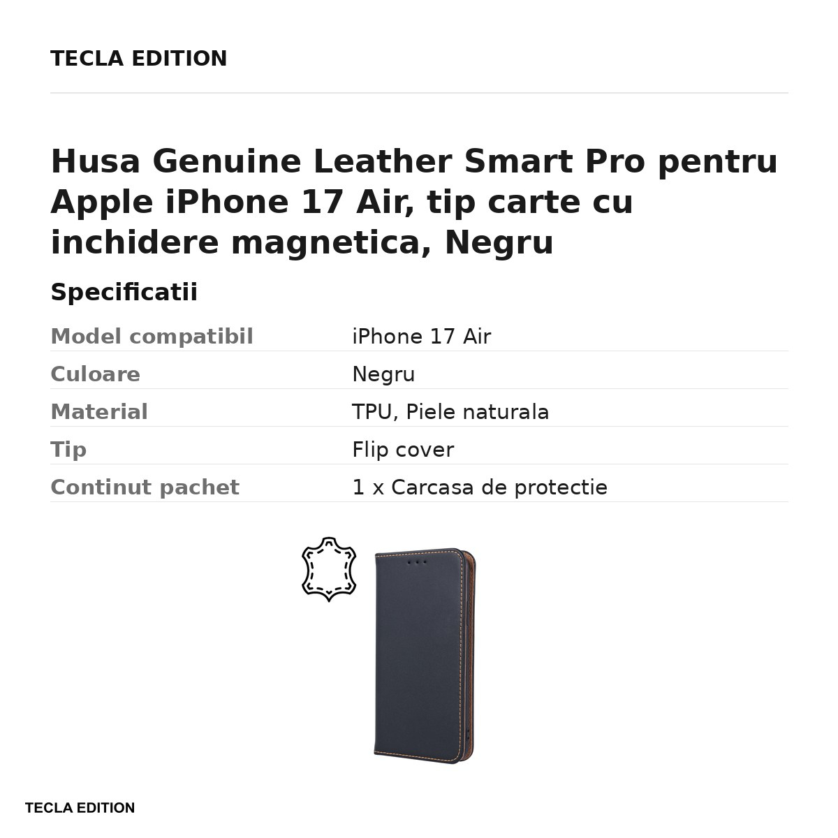 Husa Genuine Leather Smart Pro pentru Apple iPhone 17 Air, tip carte cu inchidere magnetica, Negru [3]