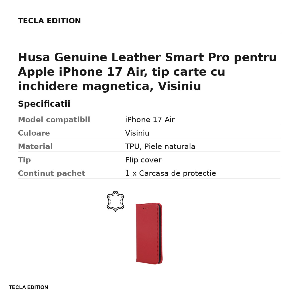 Husa Genuine Leather Smart Pro pentru Apple iPhone 17 Air, tip carte cu inchidere magnetica, Visiniu [3]