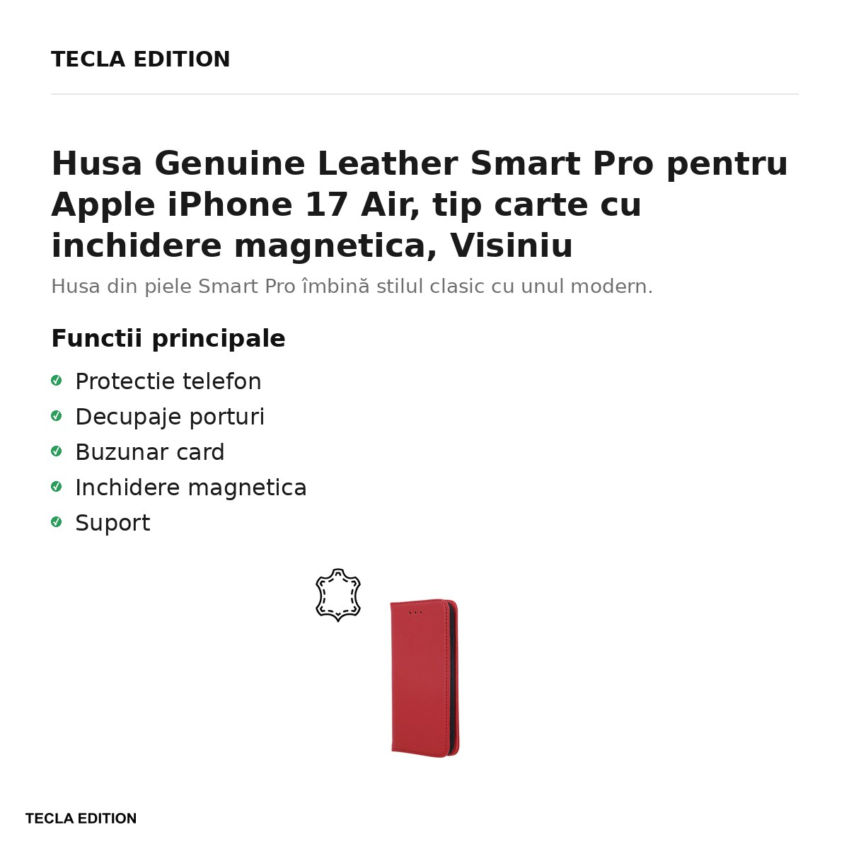 Husa Genuine Leather Smart Pro pentru Apple iPhone 17 Air, tip carte cu inchidere magnetica, Visiniu [2]