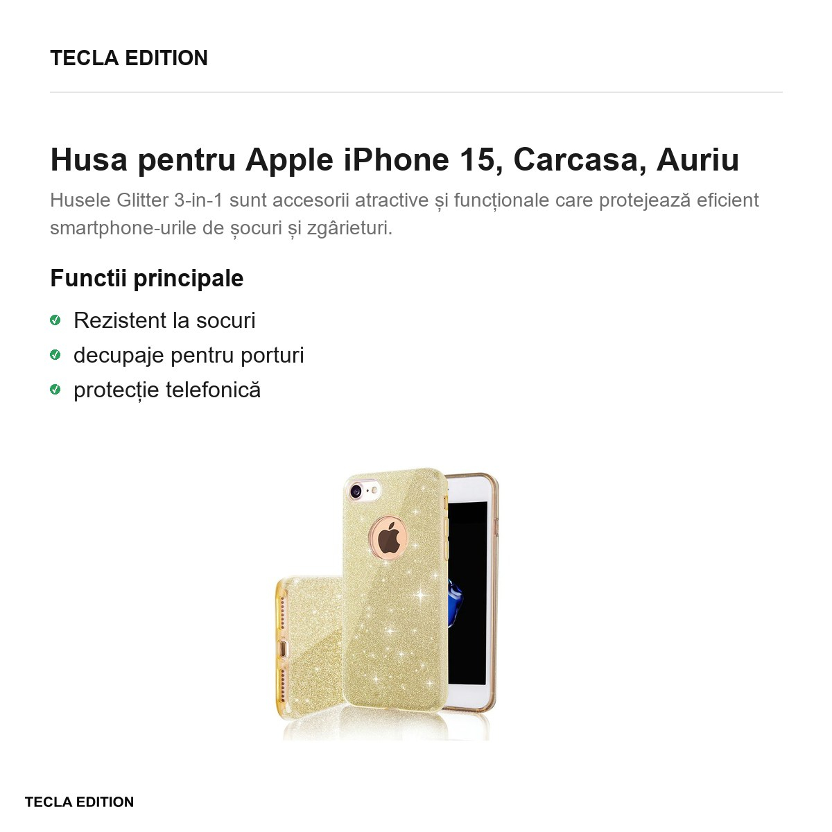 Husa Glitter 3in1 pentru Apple iPhone 15, Carcasa, Auriu [2]