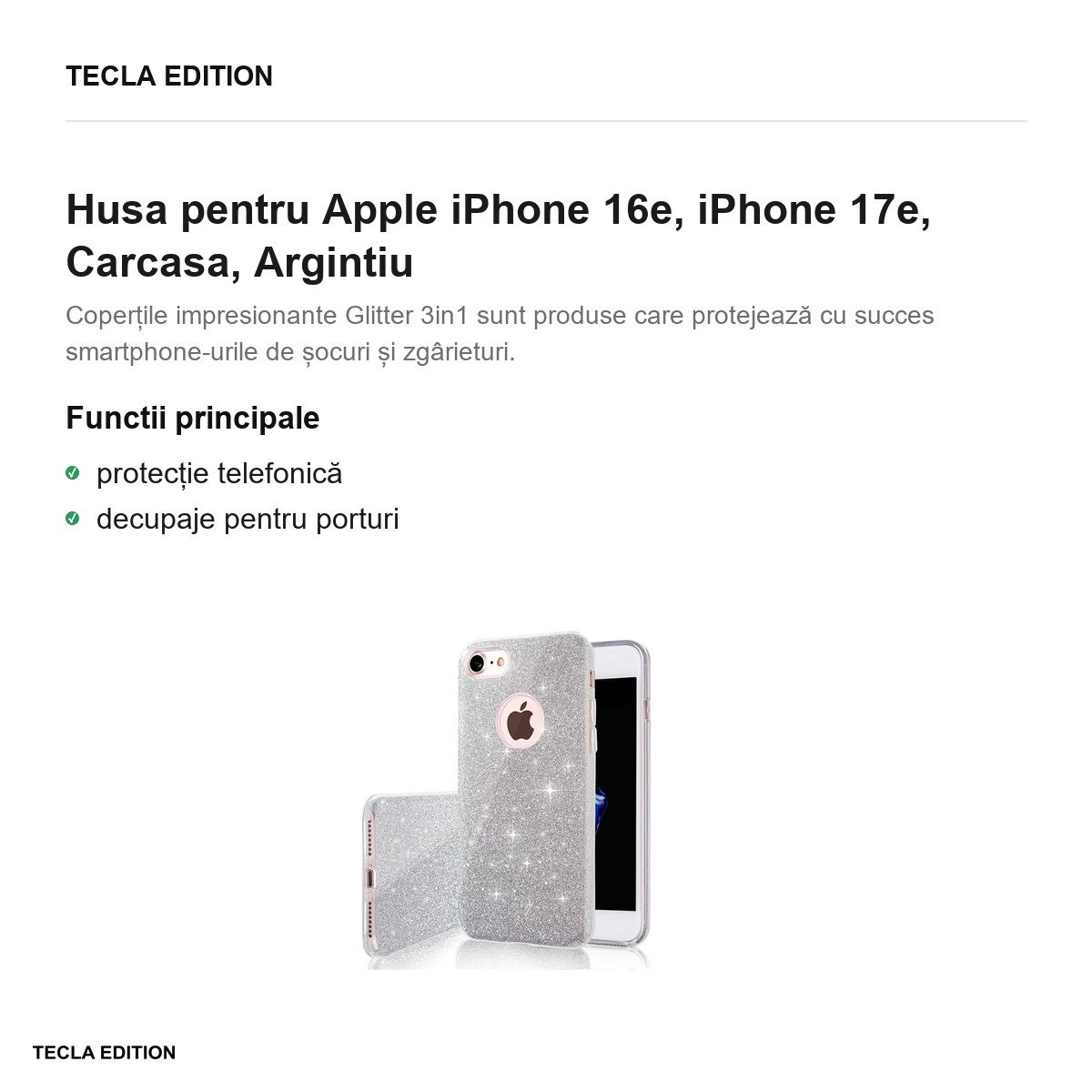 Husa Glitter 3in1 pentru Apple iPhone 16e, iPhone 17e, Carcasa, Argintiu [2]