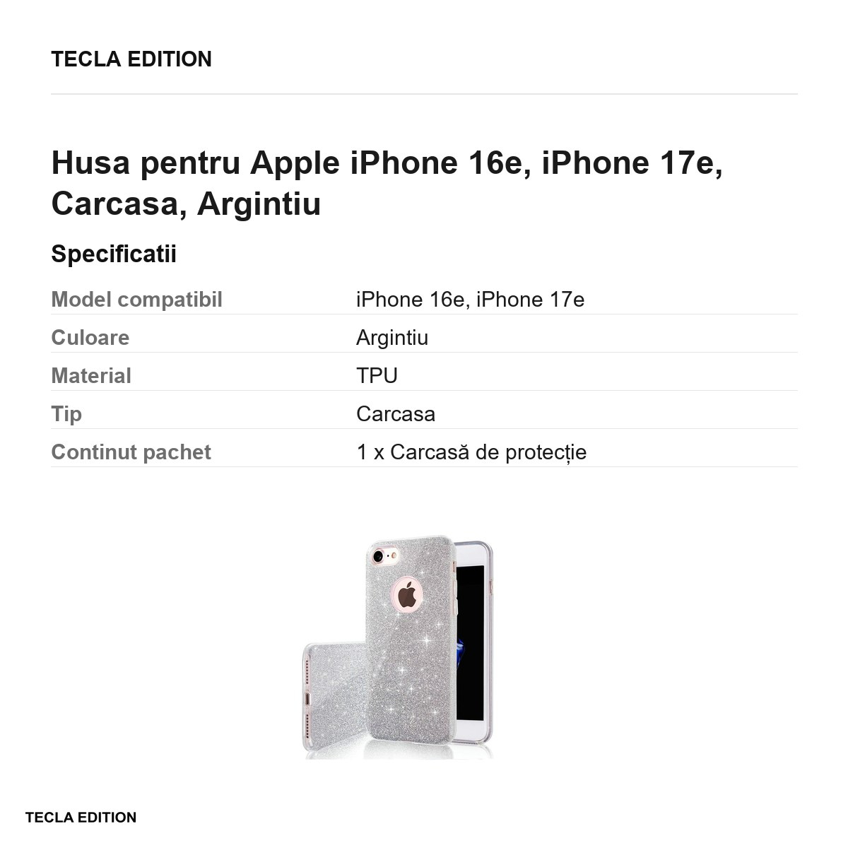 Husa Glitter 3in1 pentru Apple iPhone 16e, iPhone 17e, Carcasa, Argintiu [3]