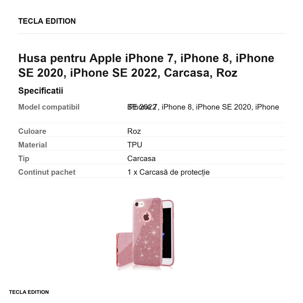 Husa Glitter 3in1 pentru Apple iPhone 7, iPhone 8, iPhone SE 2020, iPhone SE 2022, Carcasa, Roz [6]