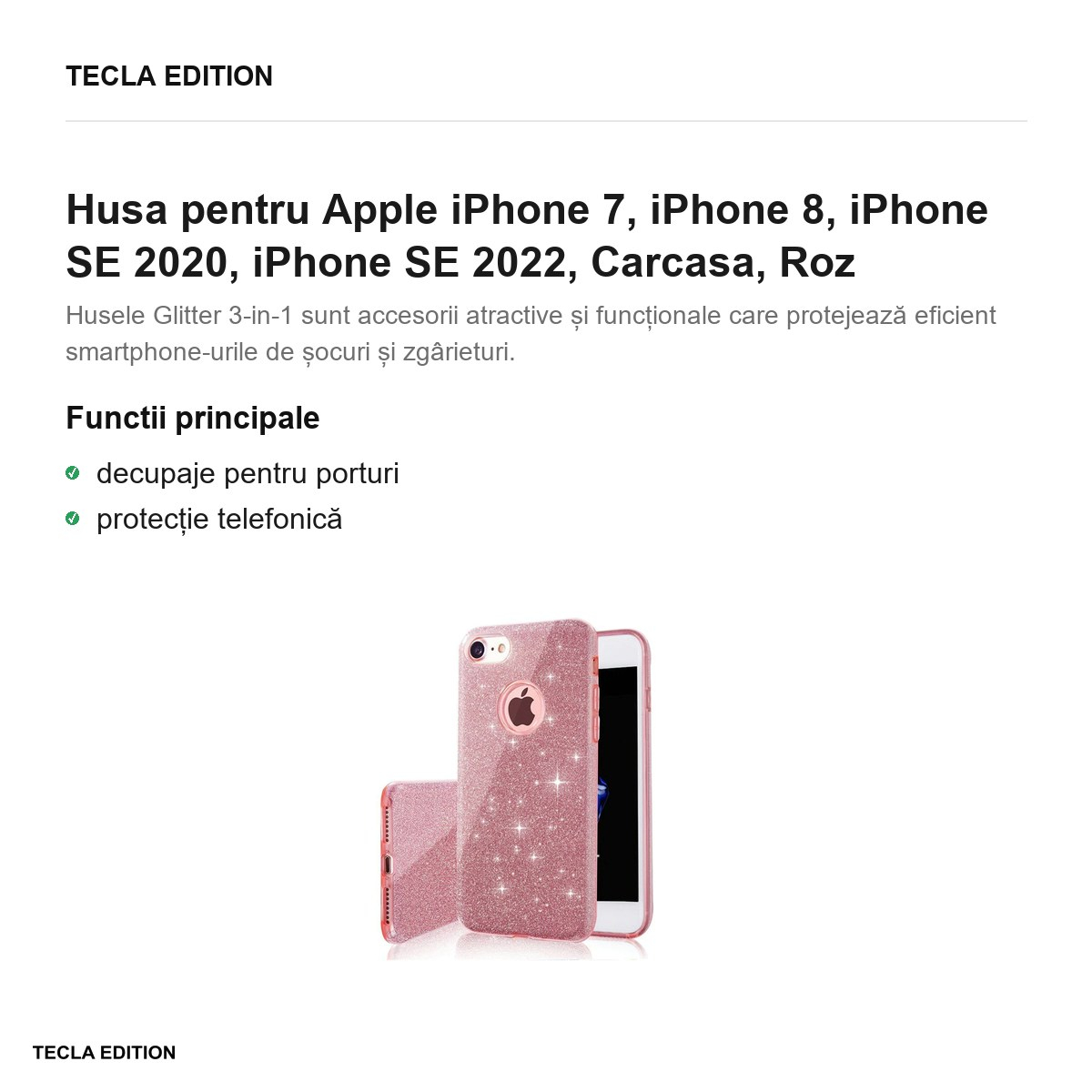 Husa Glitter 3in1 pentru Apple iPhone 7, iPhone 8, iPhone SE 2020, iPhone SE 2022, Carcasa, Roz [4]