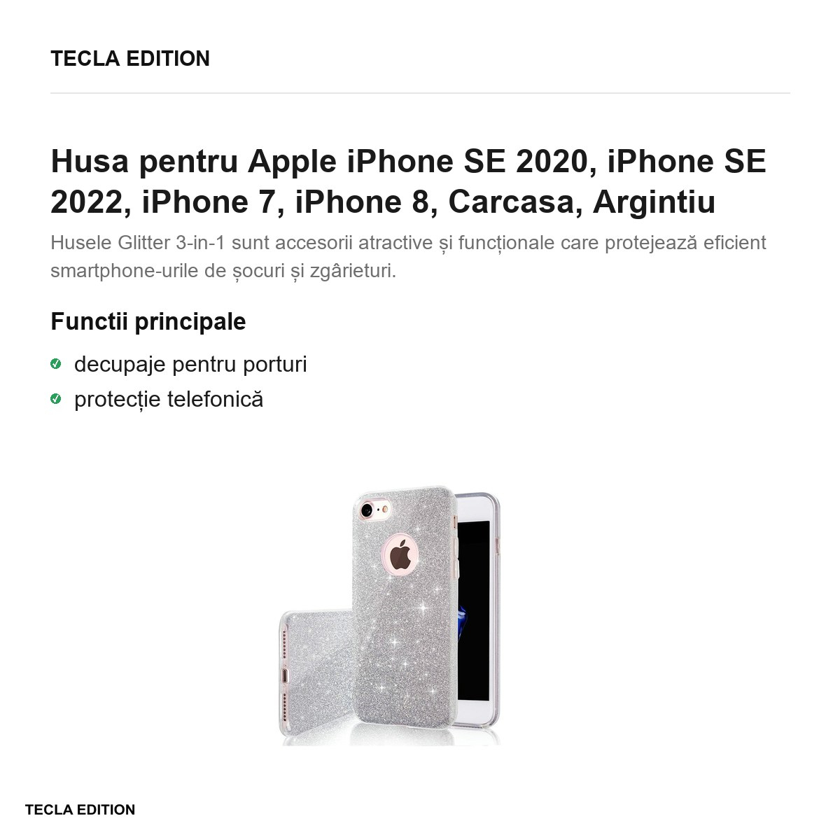 Husa Glitter 3in1 pentru Apple iPhone SE 2020, iPhone SE 2022, iPhone 7, iPhone 8, Carcasa, Argintiu [4]