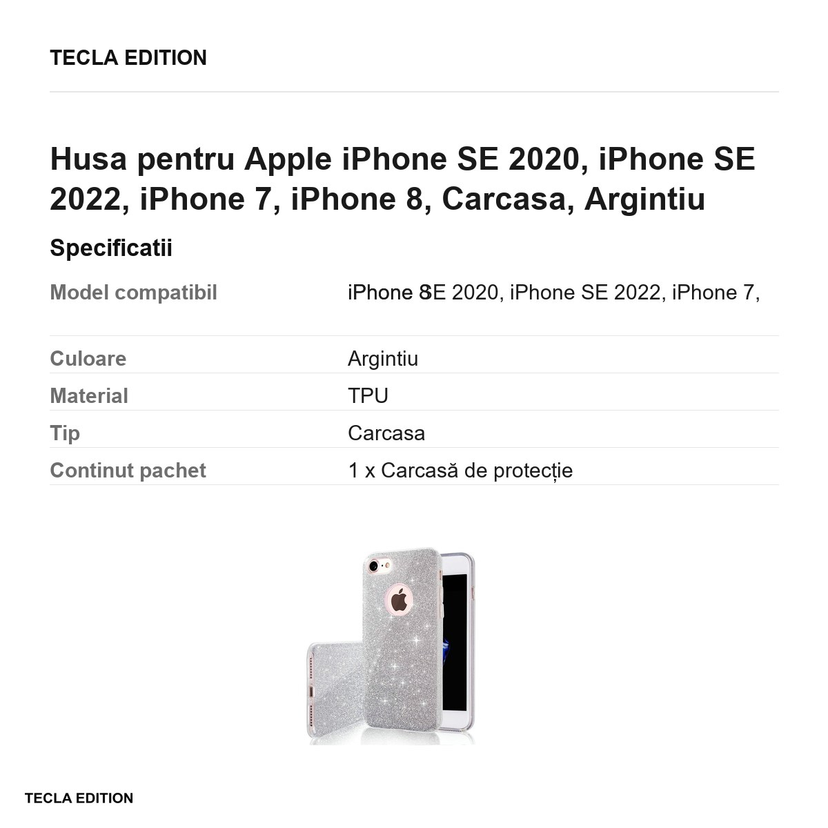 Husa Glitter 3in1 pentru Apple iPhone SE 2020, iPhone SE 2022, iPhone 7, iPhone 8, Carcasa, Argintiu [6]