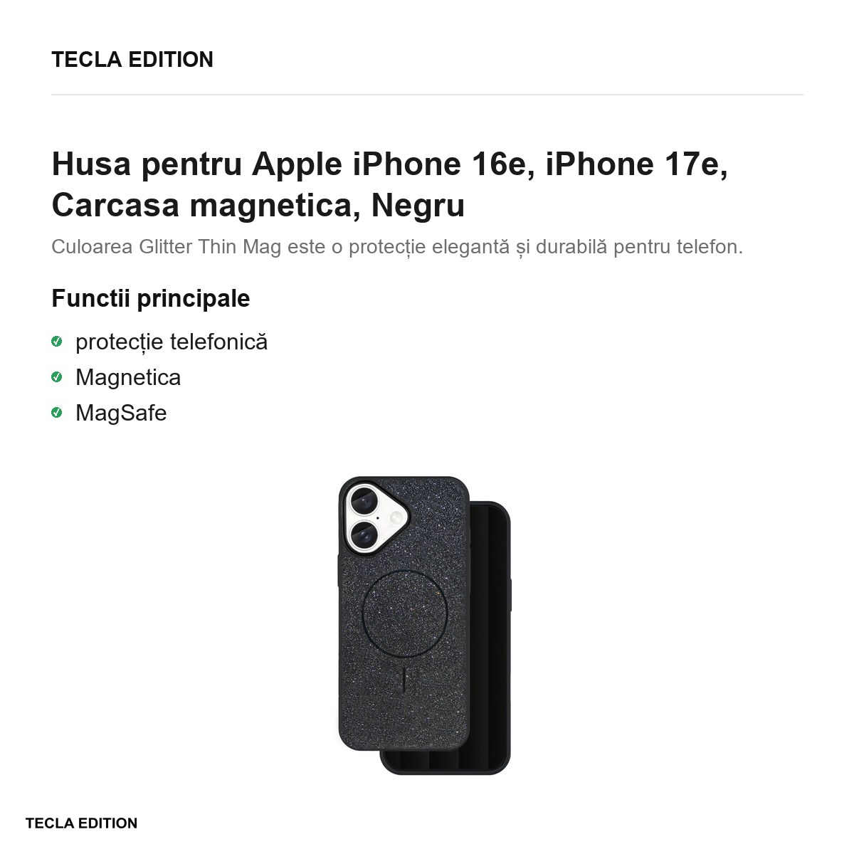 Husa Glitter Thin Mag pentru Apple iPhone 16e, iPhone 17e, Carcasa magnetica, Negru [2]
