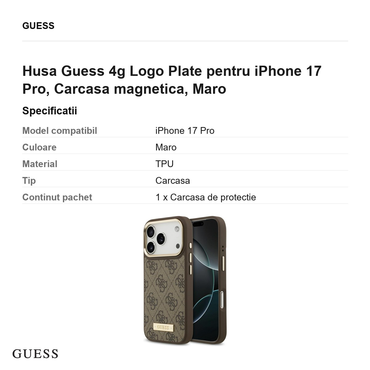 Husa Guess 4g Logo Plate pentru iPhone 17 Pro, Carcasa magnetica, Maro [3]
