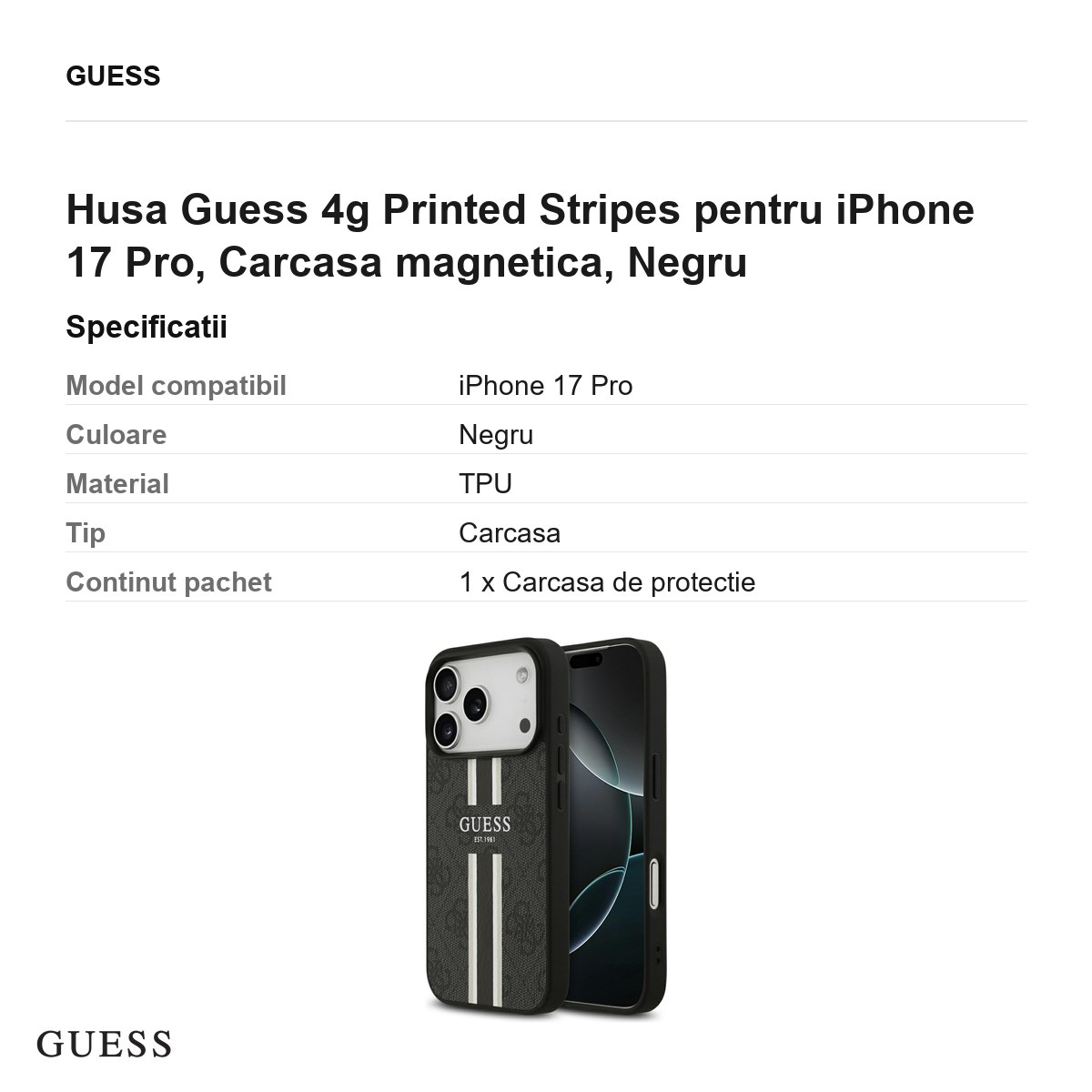 Husa Guess 4g Printed Stripes pentru iPhone 17 Pro, Carcasa magnetica, Negru [3]