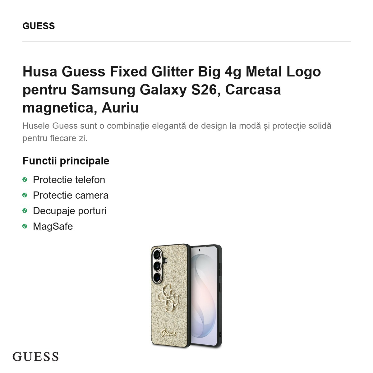 Husa Guess Fixed Glitter Big 4g Metal Logo pentru Samsung Galaxy S26, Carcasa magnetica, Auriu [2]