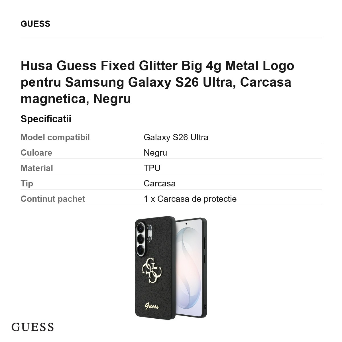 Husa Guess Fixed Glitter Big 4g Metal Logo pentru Samsung Galaxy S26 Ultra, Carcasa magnetica, Negru [3]