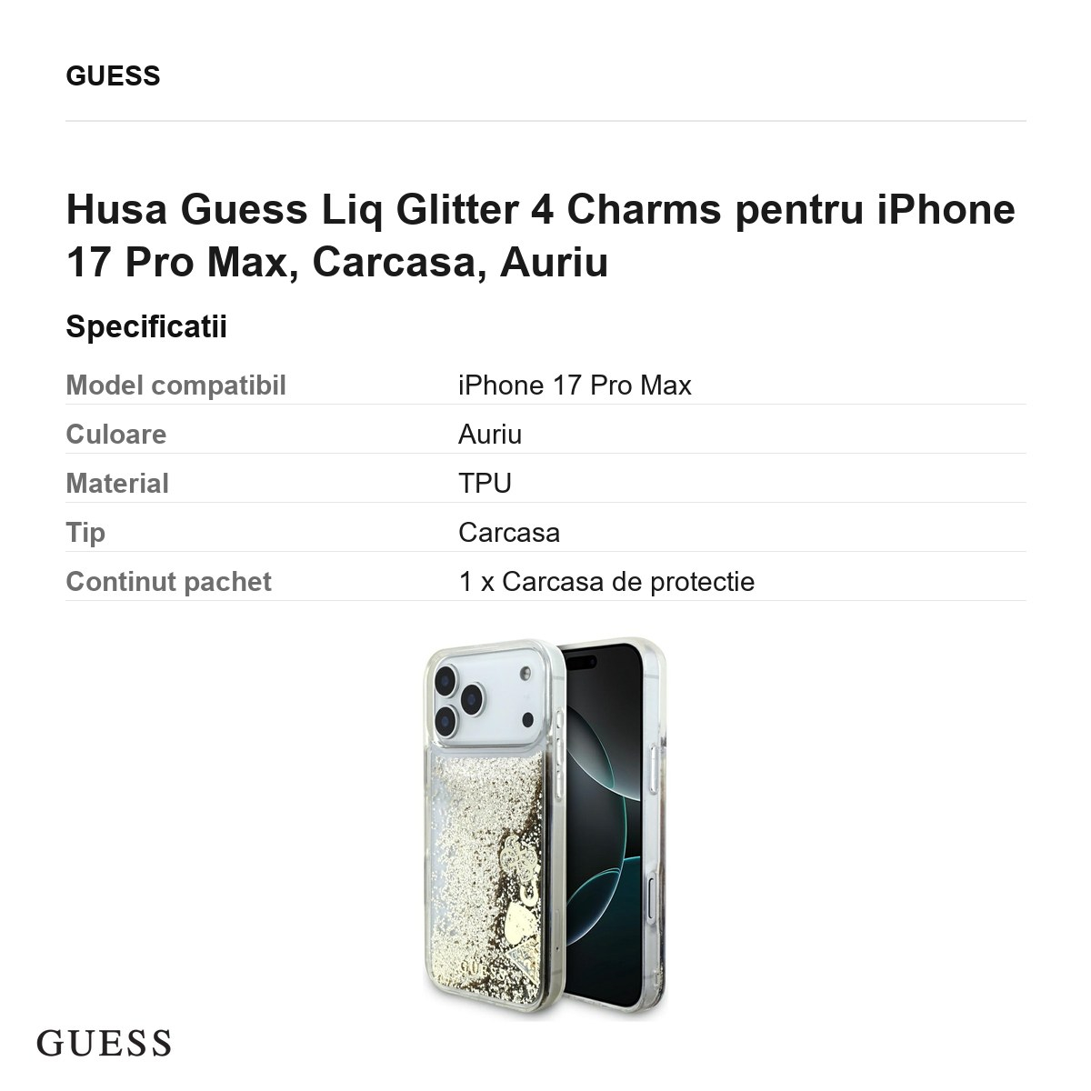 Husa Guess Liq Glitter 4 Charms pentru iPhone 17 Pro Max, Carcasa, Auriu [3]