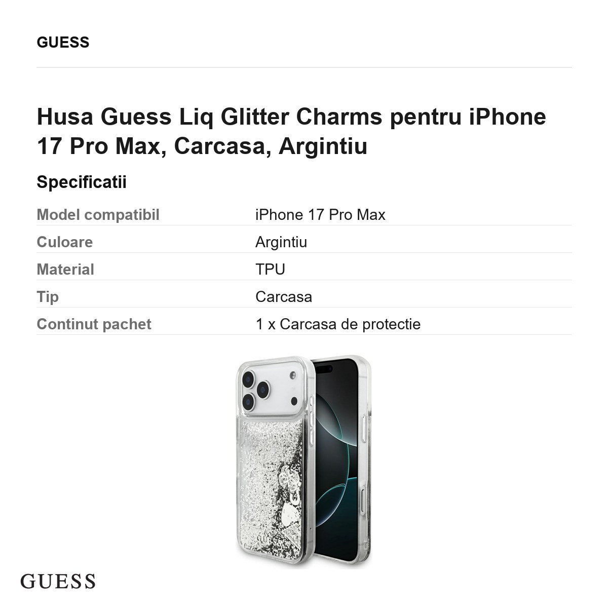 Husa Guess Liq Glitter Charms pentru iPhone 17 Pro Max, Carcasa, Argintiu [3]