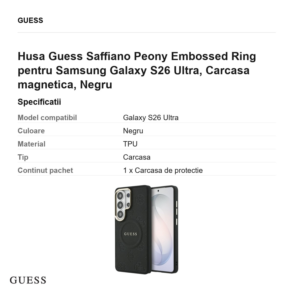 Husa Guess Saffiano Peony Embossed Ring pentru Samsung Galaxy S26 Ultra, Carcasa magnetica, Negru [3]