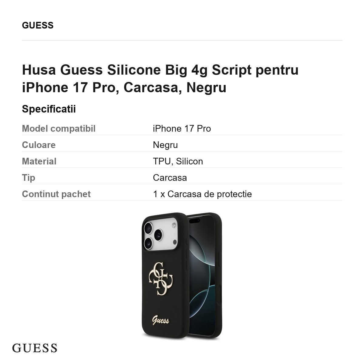 Husa Guess Silicone Big 4g Script pentru iPhone 17 Pro, Carcasa, Negru [3]