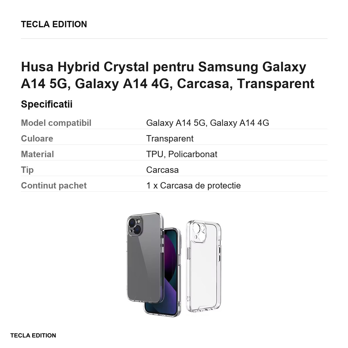 Husa Hybrid Crystal pentru Samsung Galaxy A14 5G, Galaxy A14 4G, Carcasa, Transparent [3]